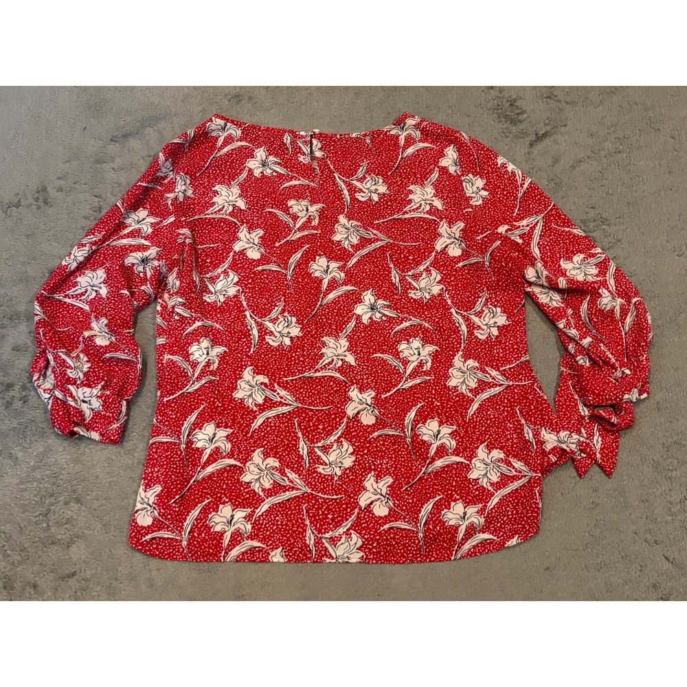Nine West Red Floral Polka Dot Tie Sleeve Blouse XL Boat Neck Lily Print Top - Picture 6 of 7